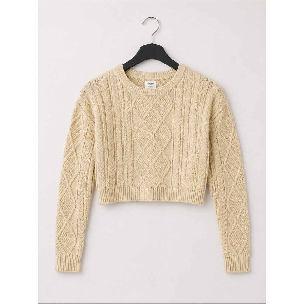 Cotton On Cream Cable Knit Cropped Sweater Fisherman Pullover Womens Size Medium